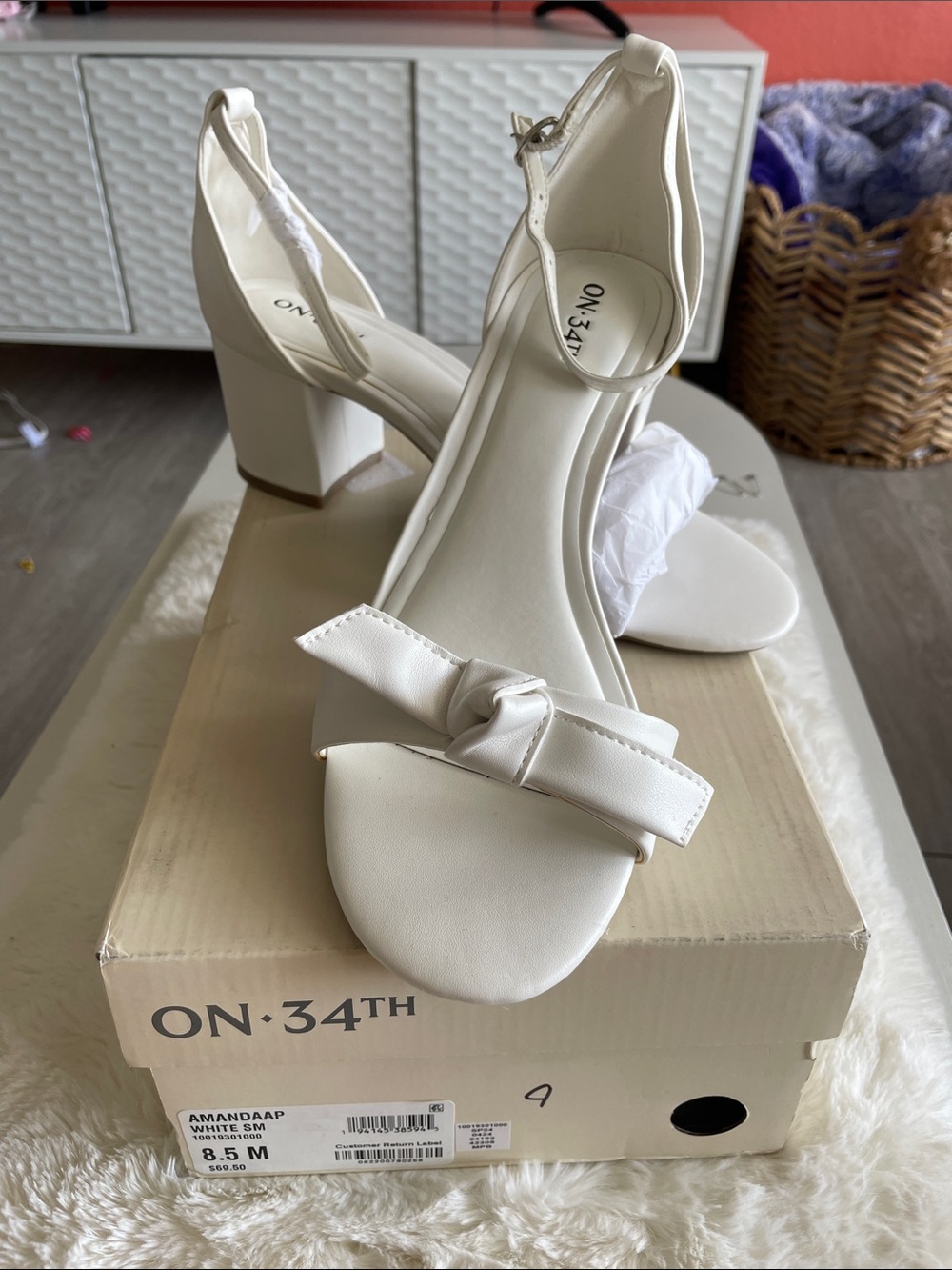 ON 34TH White Knot Front Block Heel Sandals for Women